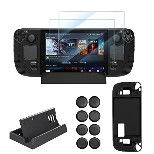 Ermorgen Juego de accesorios 5 en 1 para Valve Steam Deck, 2 protectores de pantalla de cristal, 1 soporte para dock, 1 funda y 1 juego de tapones para el pulgar (2 x 4 unidades) Cover