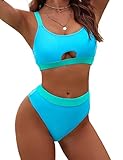 Blooming Jelly Womens 2 Piece High Cut Bikini Cheeky High Waist Swimsuit Crop Top Cute Beachwear (Medium, Blue)