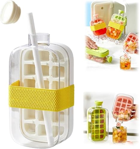 Ice Cube Water Bottle, 2-in-1 Leak-Proof Touch-Free Ice Maker with Lid, Easy Press to Release Ice Cube Tray for Freezer