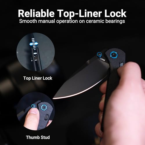 Image of CJRB Latitude EDC Knife, 3.47'' AR-RPM9 Steel Blade G10 Handle, Top Liner Lock Pocket Knife with Clip for Men Women, Sharp Camping Survival Hiking Knives, Black PVD Coating Blade(J1975)