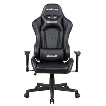 MAX RACER - Cadeira Gamer Aggressive - Poltronas Gamer de Aço, Cadeira Ergonômica para Jogos -Até 150kg, Giratória, Braços 1D, Tecido Sintético PVC, Inclinação 180°, Almofada Cervical e Lombar- Preta