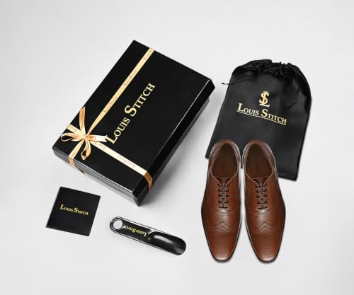 Image of LOUIS STITCH Men's Formal Lace-Up Wingtip Brogues | Handmade Italian Leather Shoes | Premium Oxford Dress Shoes for Men | Business, Wedding Sizes 6-12 |RXBG