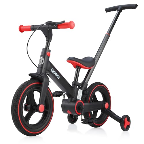 EOOWOY Balance Bike with Push Handle for Kids 18-60 Months, 6 in 1 Foldable Push Bike with Training Wheels & Pedals, Balance Bicycle for Boys and Girls with Brakes & Kickstand, Black