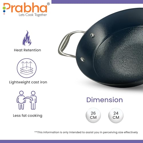 Image of Prabha Induction Base Kadhai 2.4 Litre | Non Stick Black Eisen Cast Iron IB Kadai 24 cm | Cooking Kadai for Deep Frying | Gas & Induction Bottom | Cookware kadai with Steel Handle (Black)