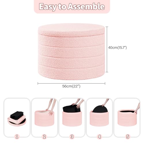 PINPLUS Ottoman with Storage, Foldable Round Ottoman Sherpa Stool with Tray, Boucle Foot Rest for Living Room, Bedroom, Dorm(Pink)
