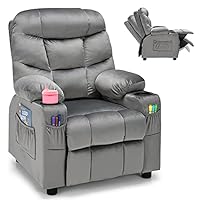 GYMAX Kids Sofa Chair, Velvet Children Recliner Armchair with Adjustable Backrest & Footrest, Padded Headrest & Armrest and Cup Holders, Upholstered Toddler Lounge Chair for Boys Girls (Grey)