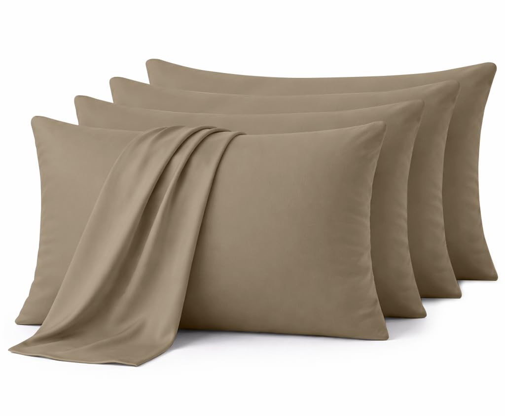 Aspire Homeware Beige Pillow Cases 4 Pack – 100% Brushed Microfiber Premium Pillowcases Super Soft Envelope Closure Pillow Cover (50X75cm)