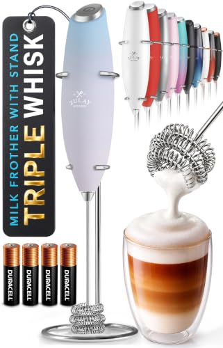 Image of Zulay Kitchen Powerful Milk Frother Wand With Duracell Batteries - Ultra Fast Handheld Drink Mixer - Electric Whisk Foam Maker for Coffee, Lattes, Cappuccino & Matcha - Triple Whisk - Pale Cloud