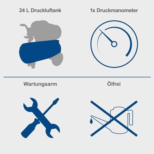 Bild 2 - Scheppach HC26Si Ultra Silent Kompressor 24L | 1100W | 8bar | 66 dB(A) leise | ölfrei & wartungsarm | Ansaugleistung 162 L/min | Leisekompressor Doppelzylinder Flüsterkompressor