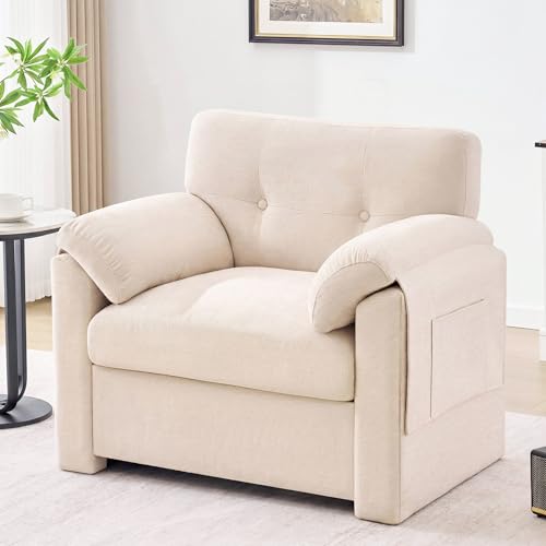 Image of Howjoe Chenille Oversized Armchair, 37.8 inch Wide Accent Chairs for Living Room & Bedroom Modern Lounge Chair, Upholstered Mid-Century Reading Chair with Arm Pocket, Comfy Living Room Chair, Beige