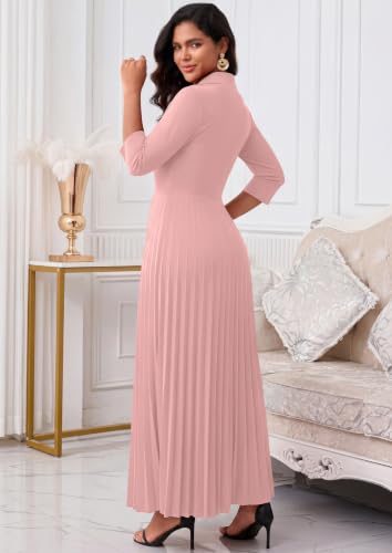 Image of FANDEE Maxi Dress for Women Formal 3 /4 Sleeve Pleated Empire Long Dress Semi Formal Tie Neck Office Work Dresses