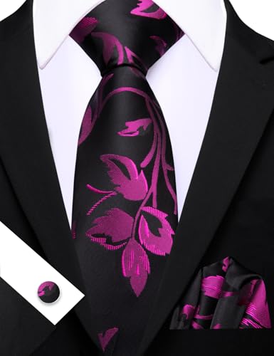 Image of Barry.Wang Flower Ties for Men Silk Woven Floral Tie Sets Necktie Handkerchief Cufflinks Wedding Party