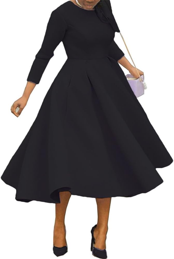 Womans Thick Round Neck Long Sleeve A-Line Casual Party Maxi Dress