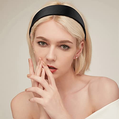 Deeka 2 Pcs Wide Satin Headband 2 Inch Wide Hair Bands Non-Slip Vintage Fabric Solid Color Head Bands For Women And Girls -2 Black #TOP5