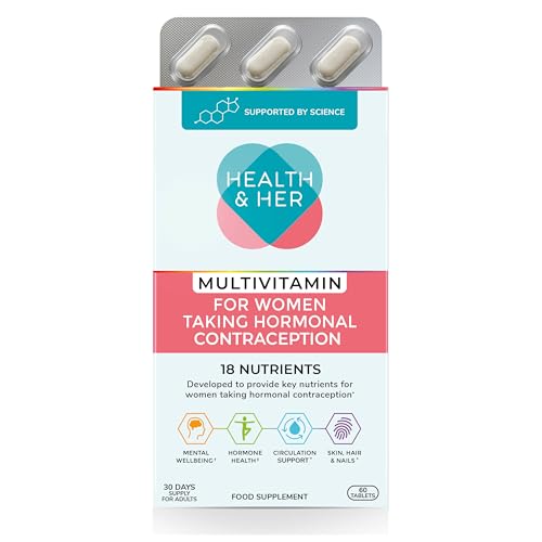Health & Her Multivitamin Supplement for Women Taking The Pill - Nutrition Support for Women & Teen Girls on Hormonal Contraception - 1 Month Supply, 60 Tablets - Vegetarian & Gluten Free