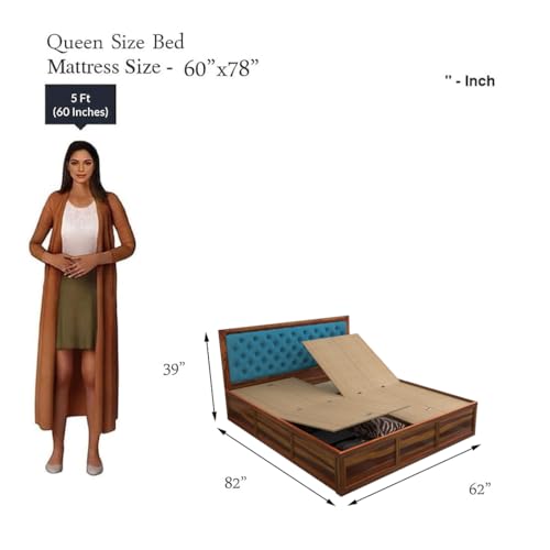 Image of DRIFTINGWOOD Dolvi Solid Sheesham Wood Queen Size Bed with Storage | Wooden Double Bed Cot Bed with Box Storage & Upholstered Blue Cushioned Headboard for Bedroom | Rosewood, Honey Finish