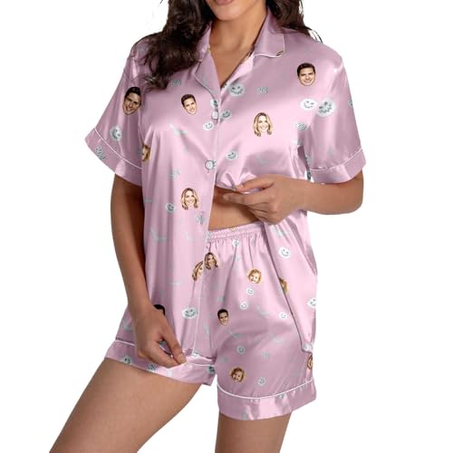 QJDFLL - QJDFLL Frauen DIY Halloween Print Pyjama Set Kurzarm Button Up Top Shorts(Rosa,L)