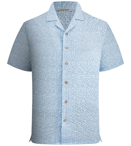 Mens Seersucker Button Down Short Sleeve Beach Shirts Blue w/ White Dots L