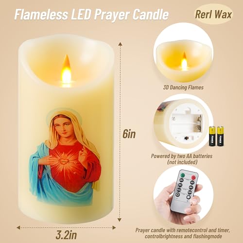Image of QQFCTOO LED Prayer Flameless Candle with Remote Timer, Battery Powered Candle, Religious Candle, Real Wax, for Home Altar, Church, Devotional,6 inch x 3.2 inch(Virgin Mary)