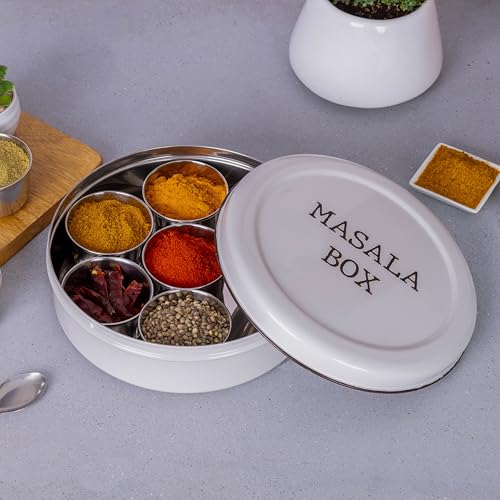 Image of Metallure Home Modern Stainless Steel Masala Box | Masala Dabba with 7 Containers and Spoon | Kitchen Spice Storage Container | Masala Dani (Spoon Included) | Handcrafted Aesthetic Design (Light Grey)