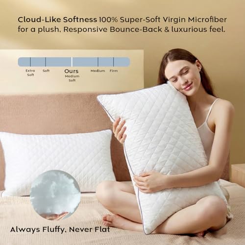 Image of AYKA Premium Microfiber Pillow for Sleeping | Super Soft & Fluffy Bed Pillow | 100% Virgin Microfiber Filling | Breathable | Ideal for All Sleeping Positions | 17x27 Inch | White | Pack of 2