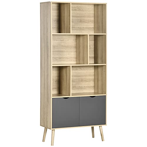 HOMCOM Bibliothèque étagère Meuble de Rangement Design Moderne avec Placard et 6 étagères Ouvertes en Bois pour Salon Bureau Chambre à Coucher dim. 80L x 35l x 180H cm Bois Naturel et Gris foncé