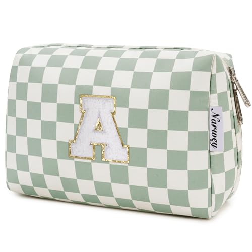 Narwey Initial Makeup Bag for Teen Girls Kids Trendy Stuff 6 8 10 11 12 13 14 16 18 Years Old, Personalized Monogram Cosmetic Toiletry Bag, Birthday Gifts for Women Tween (Green A)
