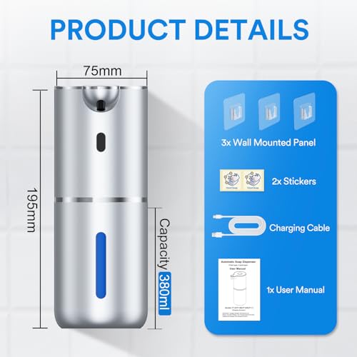 Image of Automatic Foaming Soap Dispenser Touchless, Rechargeable Electric Hand & Dish Soap Dispenser for Bathroom and Kitchen - Smart Digital Display, 6 Adjustable Level, 380ml, Wall Mounted, IPX5