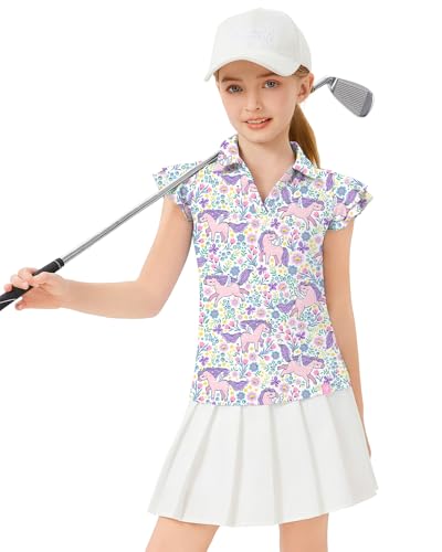 Image of Soneven Girls Ruffle Sleeve Polo Shirts V-Neck Golf Tennis T-Shirts Uniform Shirts Quick Dry for 4-14 Years