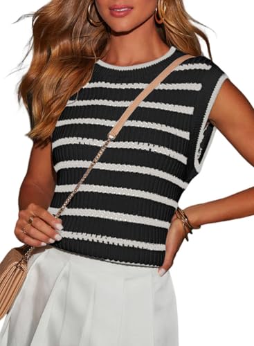 Dokotoo Tank Top for Women 2025 Striped Casual Crewneck Sleeveless Lightweight Sweater Vest Knit Summer Clothes