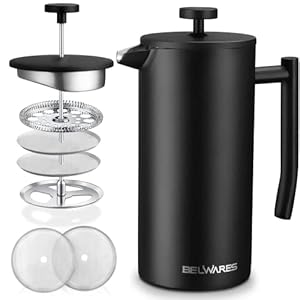 Belwares French Press Coffee Maker 50 OZ – Large Insulated Stainless Steel 304 Coffee Press with Double Wall & 4-Level Filtration System (Black) (1.5L)