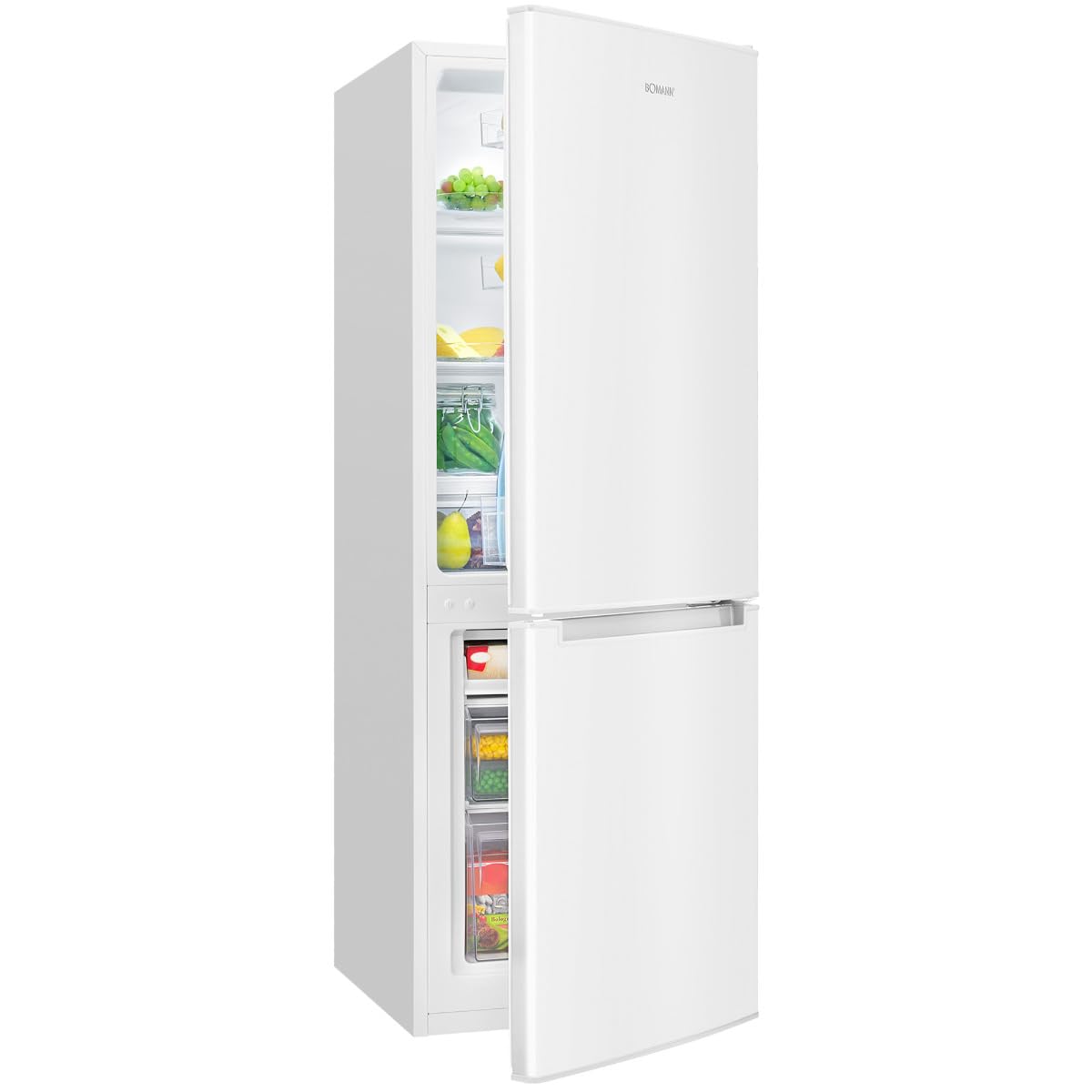 Bomann, KG7359 Réfrigérateur et Congélateur 173L Blanc - 121L Réfrigérateur, 52L Congélateur 4 Étoiles, Éclairage LED, Alarme d'Ouverture, Bac à Légumes, 3 Étagères en Verre, Économie d'Énergie