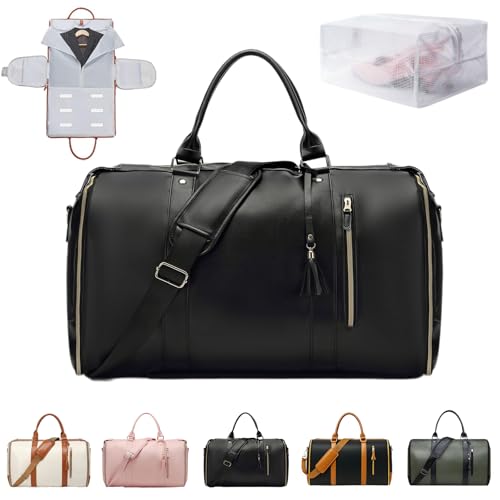 Foldable Travel Bag 2.0 with Wheels, PU Leather Duffel Carry On, Large Rolling Weekender for Men and Women (Black straps)