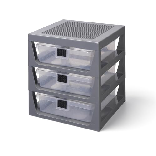 LEGO 3 Drawer Storage Rack Dark Grey - Customizable Toy Storage Unit with Removable Drawers and Building Station for Kids' Desk Organiser Bedside Table