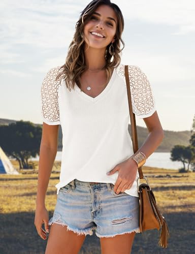 Lace Short Sleeve Shirts for Women, Loose Casual Summer Shirts, Boho Tops for Women, V Neck Waffle Tee Blouse2