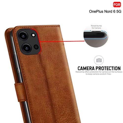Image of TheGiftKart Genuine Leather Finish Flip Back Cover Case for OnePlus Nord 6 5G / CE 6 5G | Inbuilt Pockets & Stand | Wallet Style | Designer Button Magnet Flip Back Cover Case (Faux Leather, Brown)