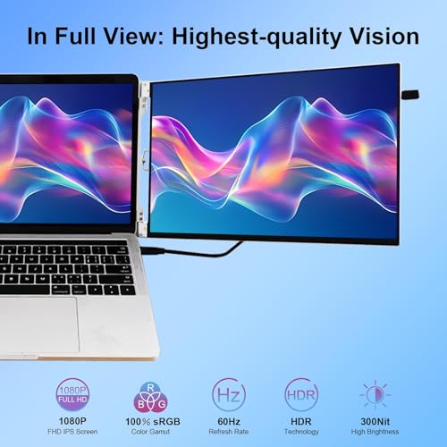 Image of 15 inch Dual Laptop Screen Extender for 13.3-16 Inch Laptop | 1080P Foldable Portable Monitor Create Triple Display, Plug & Play (USB-C /Mini H /D) for Work, Travel, Home, Aluminum Alloy