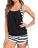 Holipick Women Black and White Stripes Tankini Swimsuits Two Piece Tummy Control Bathing Suits Blouson Swim Tank Top with Boy Shorts L