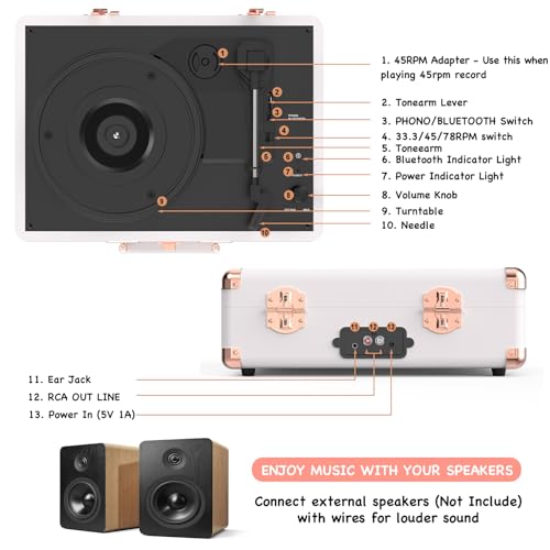 Vinyl Record Player with Built-in Speakers 3-Speed Vintage Record Player Bluetooth Portable Suitcase Turntable Belt-Driven LP Player Support RCA Output and Headphone Output (White Rose Gold) by RetroAudio - Image 7