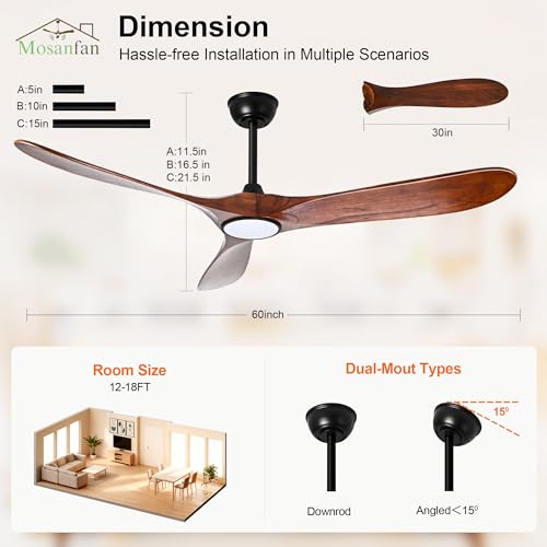 Image of 60 Inch Ceiling Fans with Lights and Remote, Wood Outdoor Ceiling Fan with 6 Speed Noiseless DC Motor, Indoor Modern 3 Blade Propeller Ceiling Fan for Bedroom Living Room Gazebo Patio(Walnut)