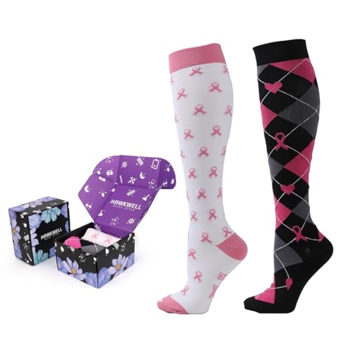 Hawkwell 2 Pairs Compression Socks for Women Circulation 15-25 mmHg Support for Nurse Sports Running Cycling Travel, Black White Pink A02,S/M
