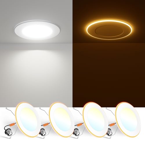 FREELICHT 4 Pack 5/6 Inch 5CCT LED Recessed Can Light with Night Light, 2700K/3000K/4000K/5000K/6000K Selectable Flat Recessed Lighting, 10W=110W, 1000LM, Dimmable Retrofit - ETL & FCC