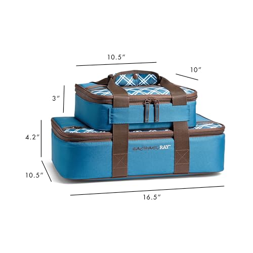 Rachael Ray Lugger Duo, Insulated Casserole Carrier for Hot or Cold Food, Thermal Lasanga Lugger Tote for Pockluck, Parties, Picnic, and Cookouts, Fits 9" x 13" Baking Dish, Blue Plaid