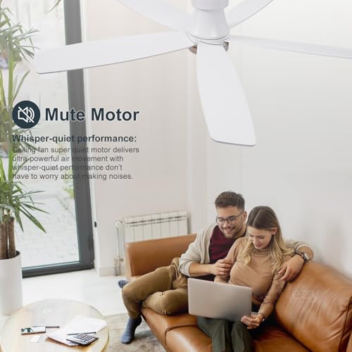Image of 52 inch White Flush Mount Ceiling Fans with Lights and Remote,White Bedroom Ceiling Fan with Lights, Low Profile Ceiling Fan with Light For Bedroom Outdoor, Memory Fuction Quiet DC Motor