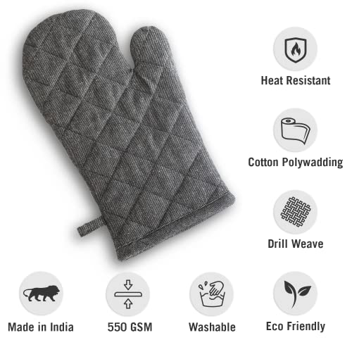 Image of 2 Oven Gloves, Cotton Heat Resistant Oven Mitts Kitchen Gloves for Cooking, Baking | Heat Proof, Durable, Free Size (Black and Grey)