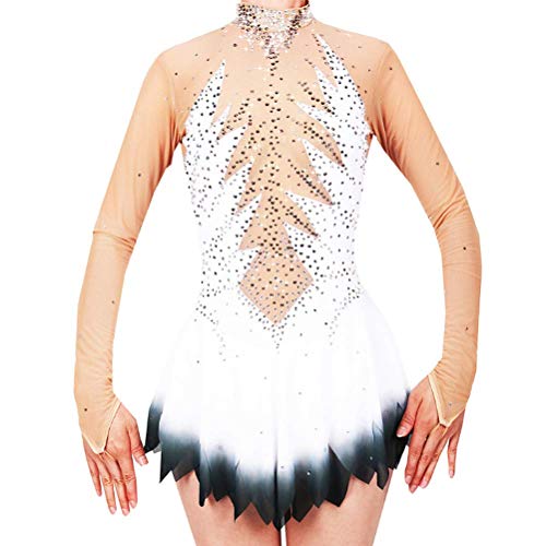 ZYDANC Shiny Gradiant Figure Skating Training Costumes High Collar Ice Skating Dress Gymnastics Leotards for Girl,White,12 Years