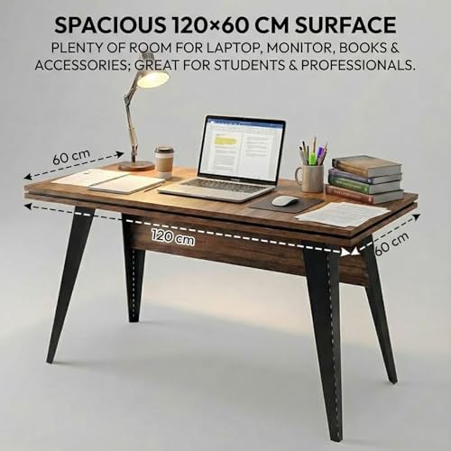 Image of FFO Office Table for Home | Wooden Study Table for Home Office | 1-Year Warranty | Large Computer Desk with Metal Legs | Modern Workstation for Students & Professionals - Rustic Brown DIY.