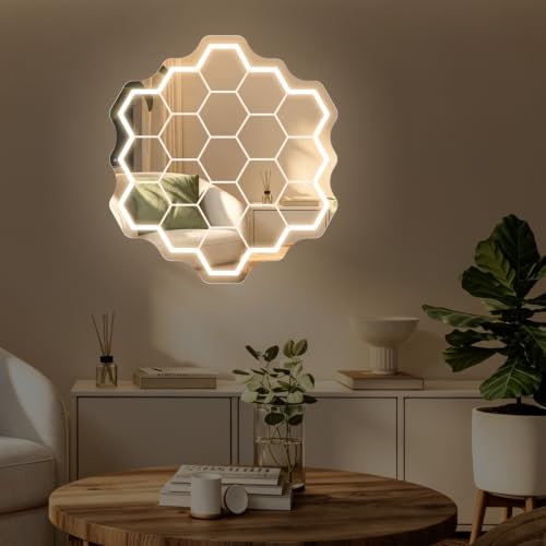 Image of Colmena Mirror Neon Sign, Hexagon Mirror LED Light | USB Powered Dimmable Mirror Light, Aesthetic Wall Art for Bedroom Entrance Home Party Decoration Gift, 14.4 inchx13.4 inch