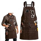 LIBKUR Waxed Canvas Work Apron, Heavy-Duty Woodworking Apron, Adjustable Wide padded Straps, Zippered Pocket, Multipurpose Ring, Tough Protection for Men, Woodworking Gift for Dad