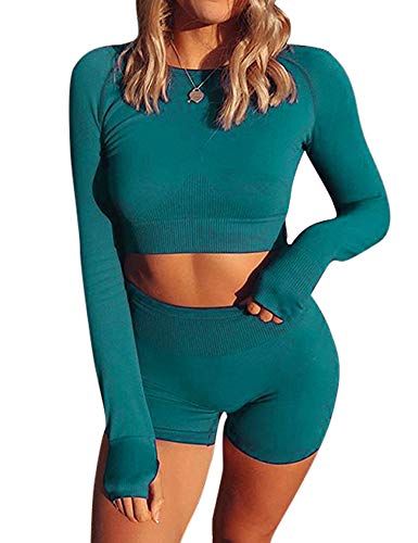 HCKG Women s 2 Piece Yoga Outfits Workout Athletic Sets - Long Sleeve Gym Crop Tops High Waisted Compression Shorts Blackish Green S